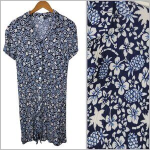 Vintage Shirt Dress size Medium Pineapple Hibiscus Tropical Hawaiian Blue Button